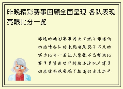 昨晚精彩赛事回顾全面呈现 各队表现亮眼比分一览