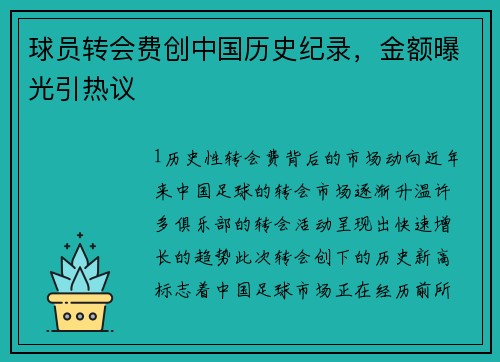球员转会费创中国历史纪录，金额曝光引热议