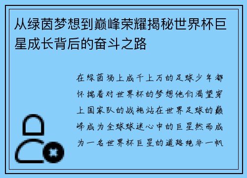 从绿茵梦想到巅峰荣耀揭秘世界杯巨星成长背后的奋斗之路